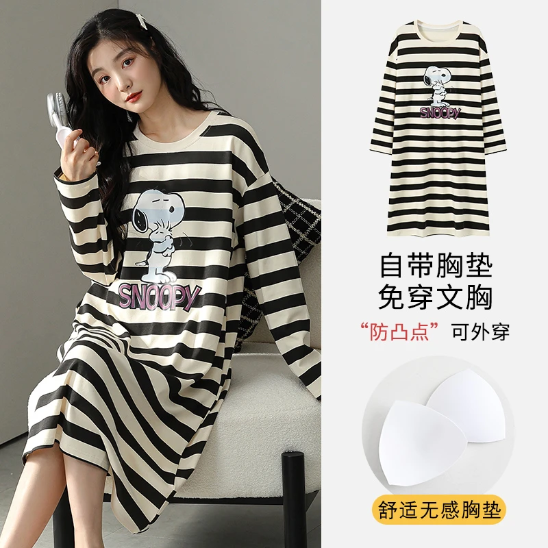 带胸垫长袖睡裙春秋季条纹睡衣女可爱卡通大码休闲家居服可外穿