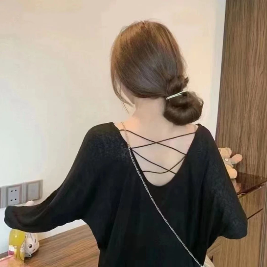 露背交叉镂空防晒长袖t恤女2023夏新款冰丝罩衫薄款防晒百搭上衣