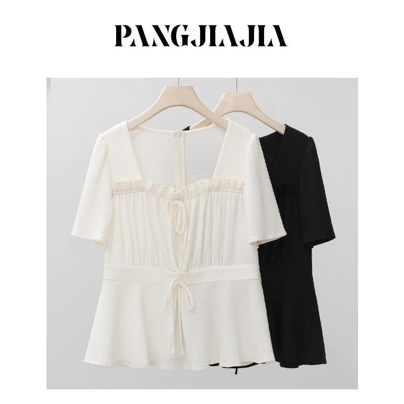 【胖佳佳】广岛之恋 荷叶边短袖衬衫女夏季气质方领小衫HZ354234