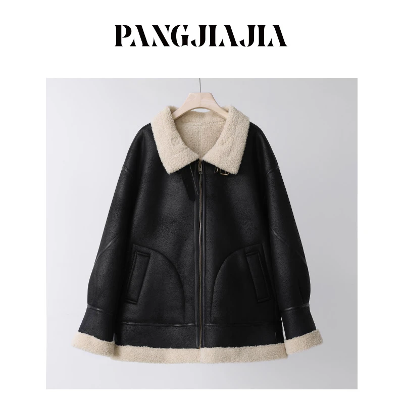 【胖佳佳】街头机车 加厚羔毛皮外套秋冬保暖立领夹克服H623I06216