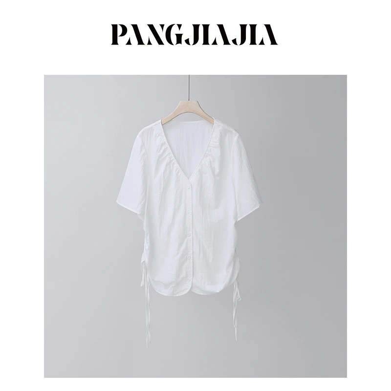 【胖佳佳】月光海滩 短袖衬衫夏季时尚抽绳系带v领小衫H624X10057