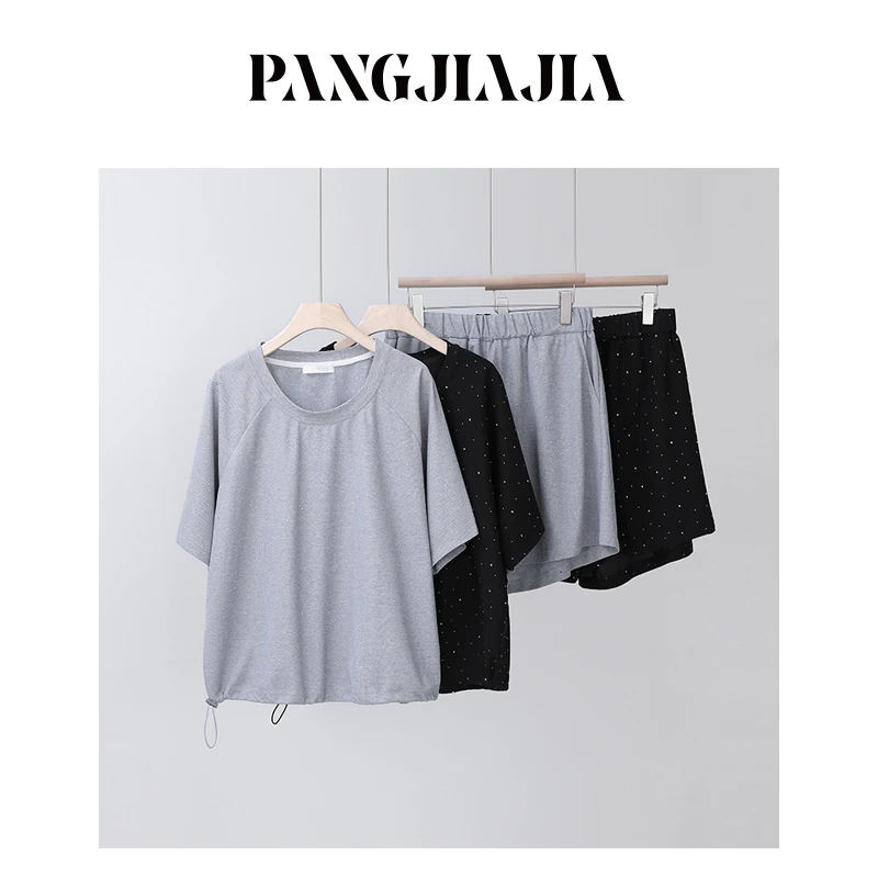 【胖佳佳】星光点点 短袖烫钻圆领T恤短裤休闲时尚套装女H624Z07801