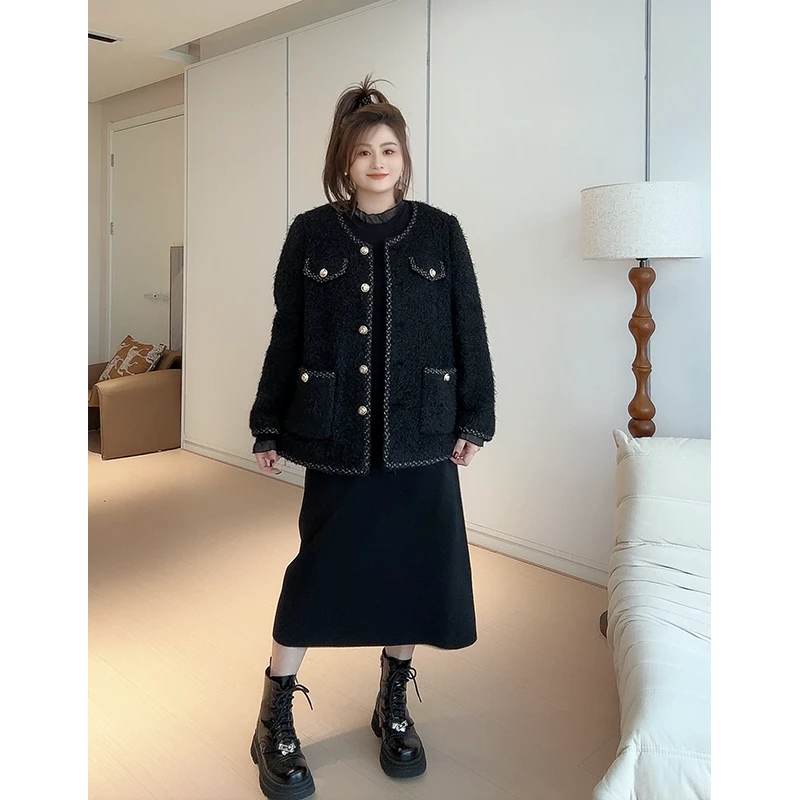 【胖佳佳】现货~黑金小香 加厚外套冬季时尚气质圆领大衣H624M16781