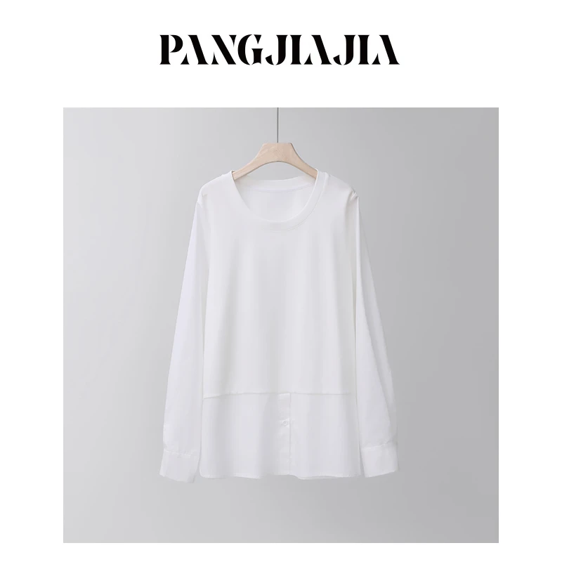 【胖佳佳】素色心情 假两件长袖T恤宽松圆领上衣H624Z14548