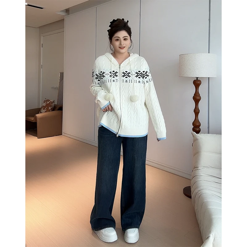 【胖佳佳】雪球 加厚连帽毛衣开衫冬季减龄提花外套女H624Y20050