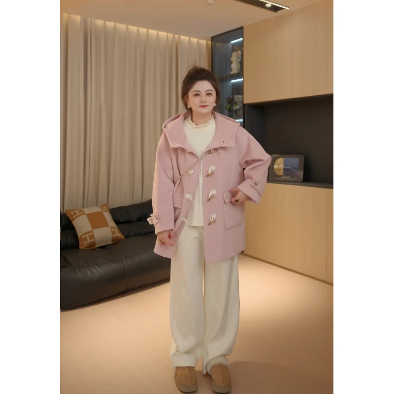 【胖佳佳】济州岛 牛角扣连帽大衣秋冬减龄中长款外套H624M17971