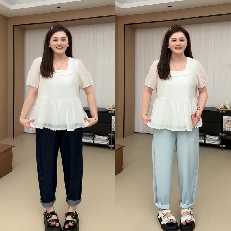 【胖佳佳】现货~凉皮 牛仔裤夏季薄款百搭松紧腰休闲长裤H624Z06809