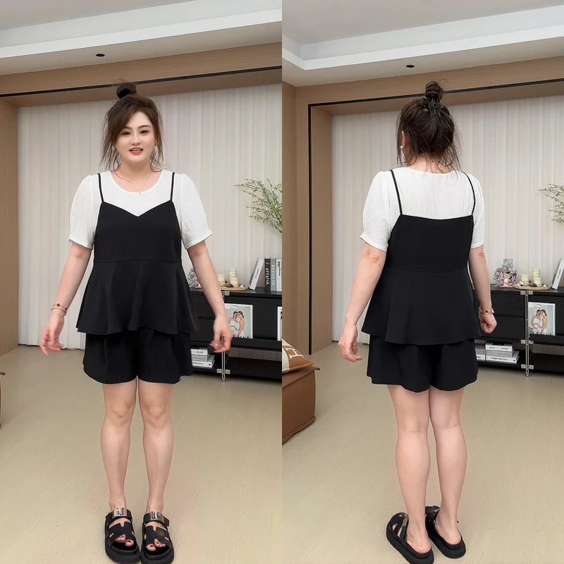 【胖佳佳】简单爱 假两件短袖衬衫休闲短裤夏季时尚显瘦H624A04533