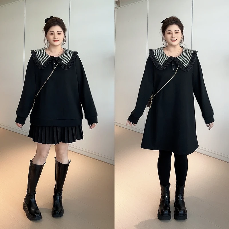 【胖佳佳】冰萃暖冬 蕾丝拼接娃娃领加厚绒卫衣连衣裙H624Z19652