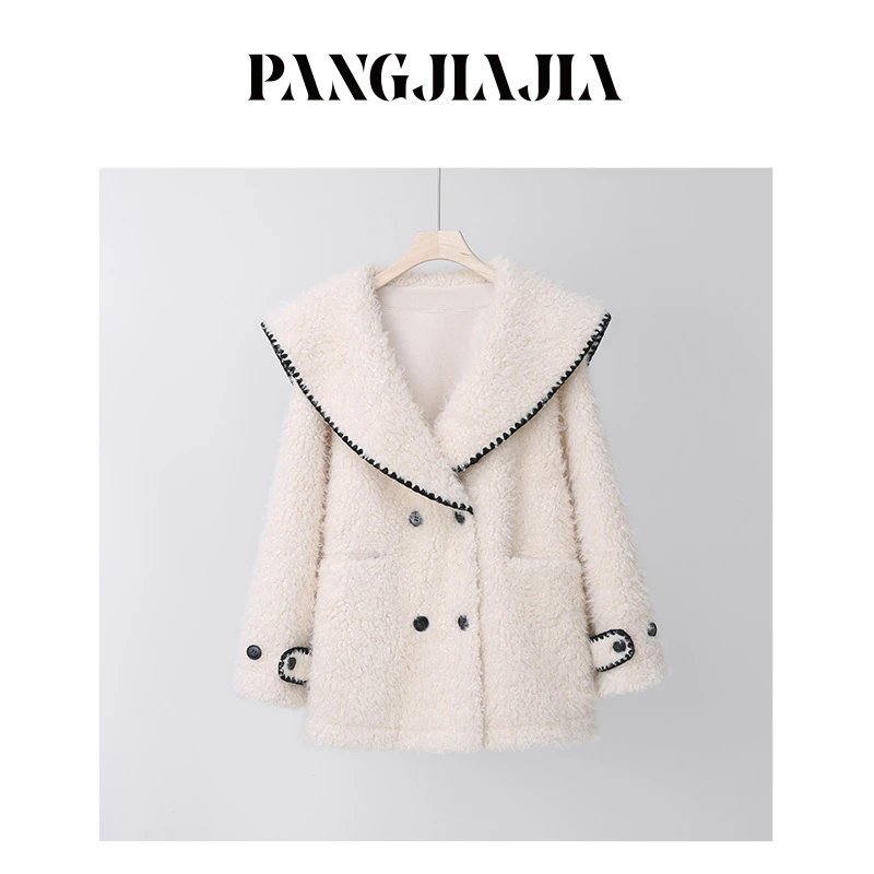 【胖佳佳】北海道初雪 撞色翻领羔毛外套冬季百搭H624M19443