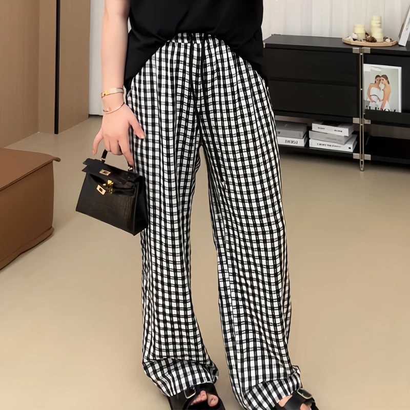 【胖佳佳】格子裤 撞色格纹休闲裤女夏季松紧腰休闲长裤H624K05758