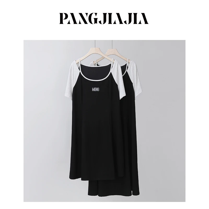 【胖佳佳】简约小黑裙 短袖露肩连衣裙时尚撞色T恤裙子H624Z10864
