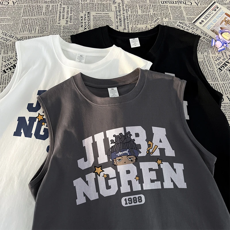 纯棉运动背心男童潮流ins字母印花无袖T恤夏季宽松中大童坎肩上衣