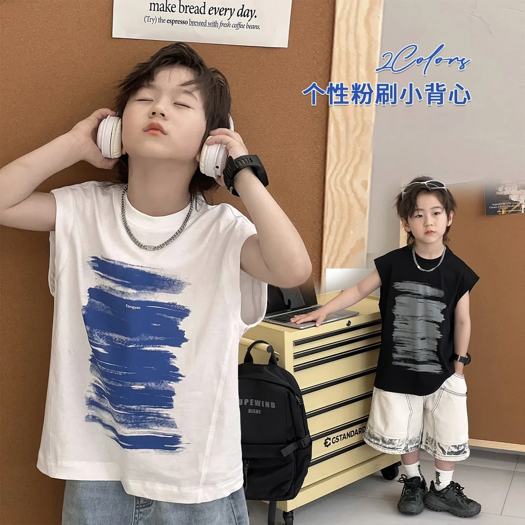 男童背心纯棉夏季薄款无袖T恤2025新款自制儿童运动坎肩男孩上衣