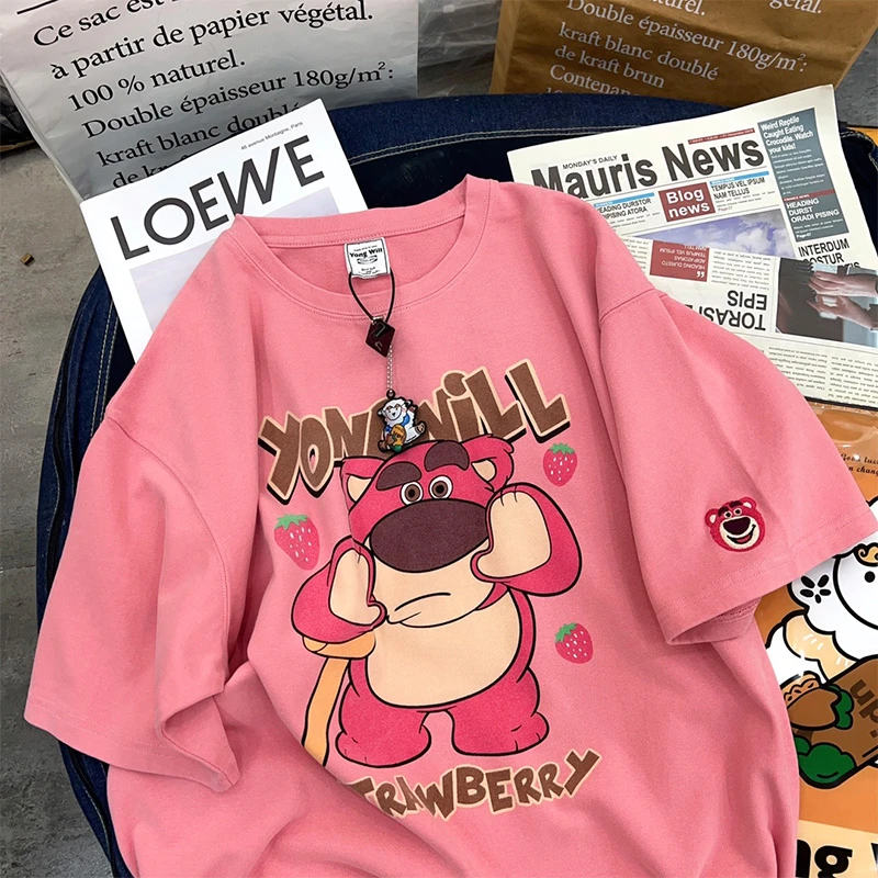 女童夏装纯棉短袖T恤卡通草莓熊小女孩chic洋气宽松中大童上衣潮