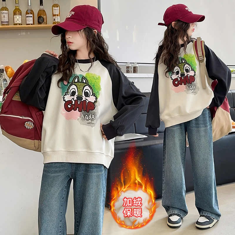 女童纯棉卫衣春秋款2024新款洋气时髦儿童圆领加厚加绒上衣秋冬潮