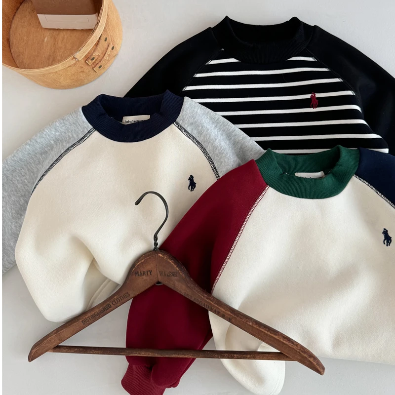 儿童卫衣男加厚秋冬款小童撞色冬装打底衫宝宝条纹套头加绒上衣潮