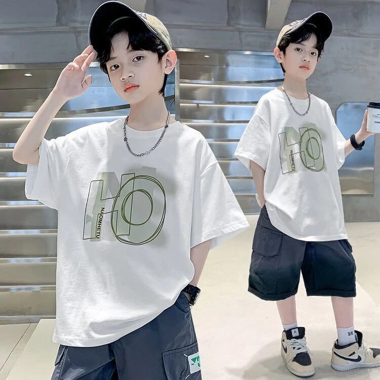 中大童潮牌男孩短袖t恤童装男童夏季新款纯棉字母宽松纯棉上衣潮