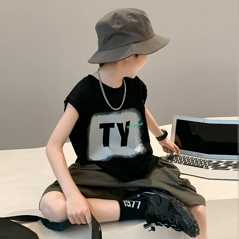 儿童背心纯棉2025夏装新款自制中大童上衣潮酷无袖t恤男童马甲薄