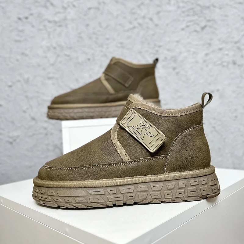 KS199内里全羊毛！厚底皮面防水防滑低帮男士雪地靴加厚东北大棉鞋