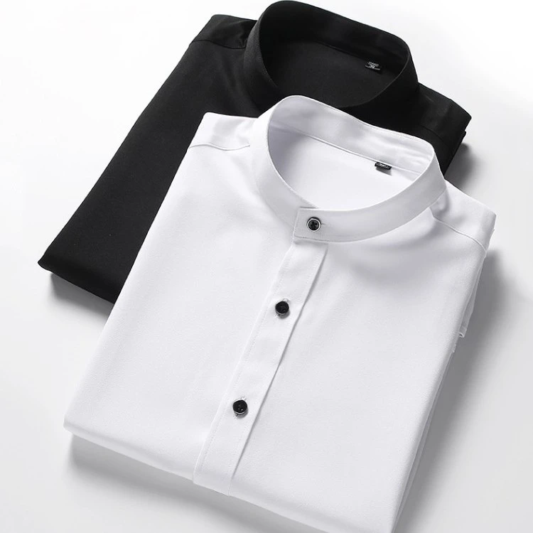 男士中华打底长袖衬衫竹纤维免烫圆领中山黑色白色衬衣抗皱微弹力