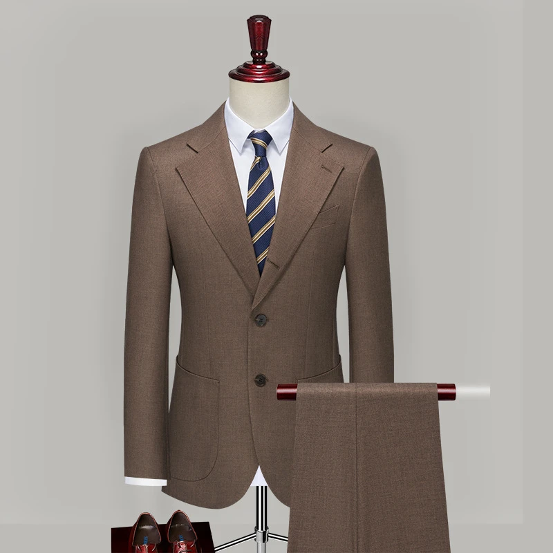 西装套装男士两粒扣灰色高档含羊毛西服驼色商务韩版新郎结婚礼服