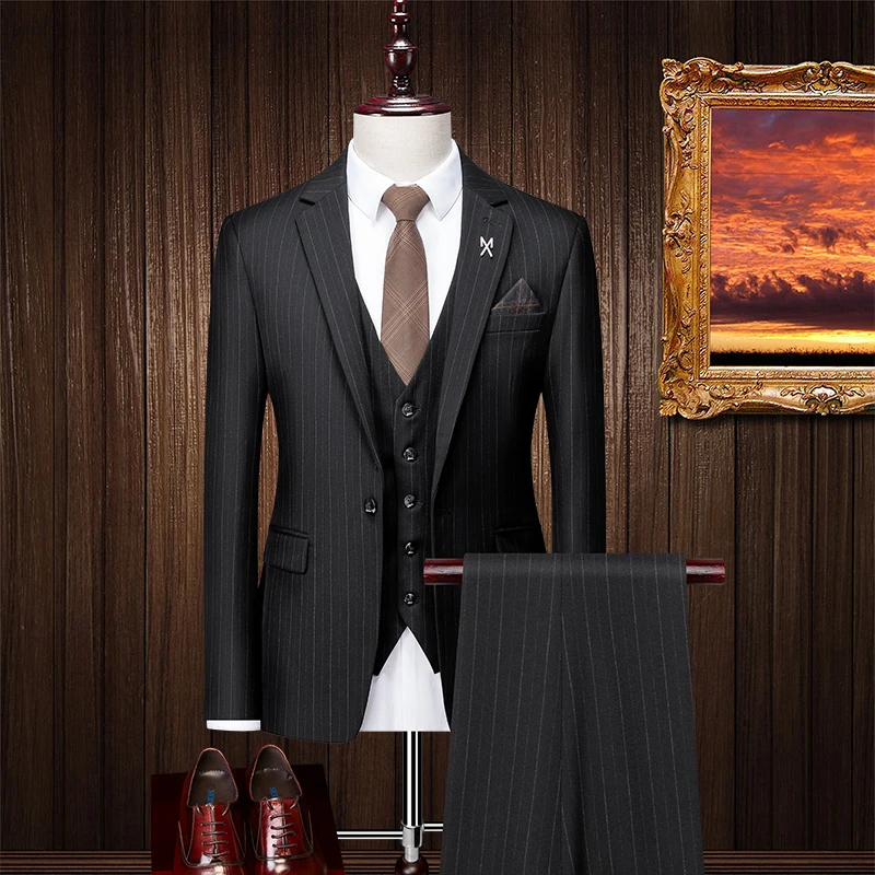 男士平驳领一粒扣西服套装商务正装宴会新郎礼服黑条纹西装三件套