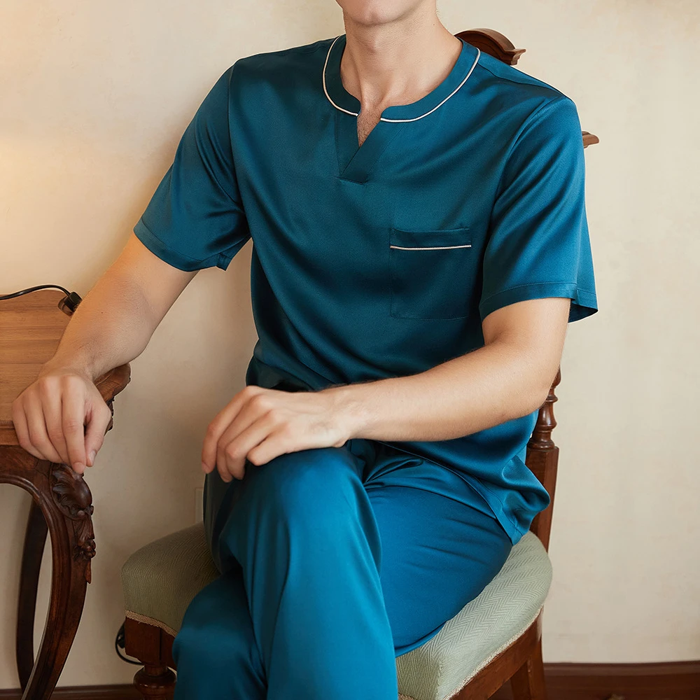 男士19姆米6A重磅真丝睡衣弹力套头夏季短袖长裤桑蚕丝家居服套装
