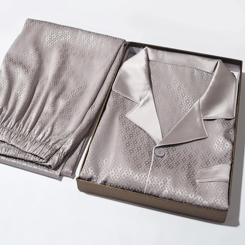 高档真丝提花重磅桑蚕丝睡衣长袖带弹力春夏家居服两件套大码男士