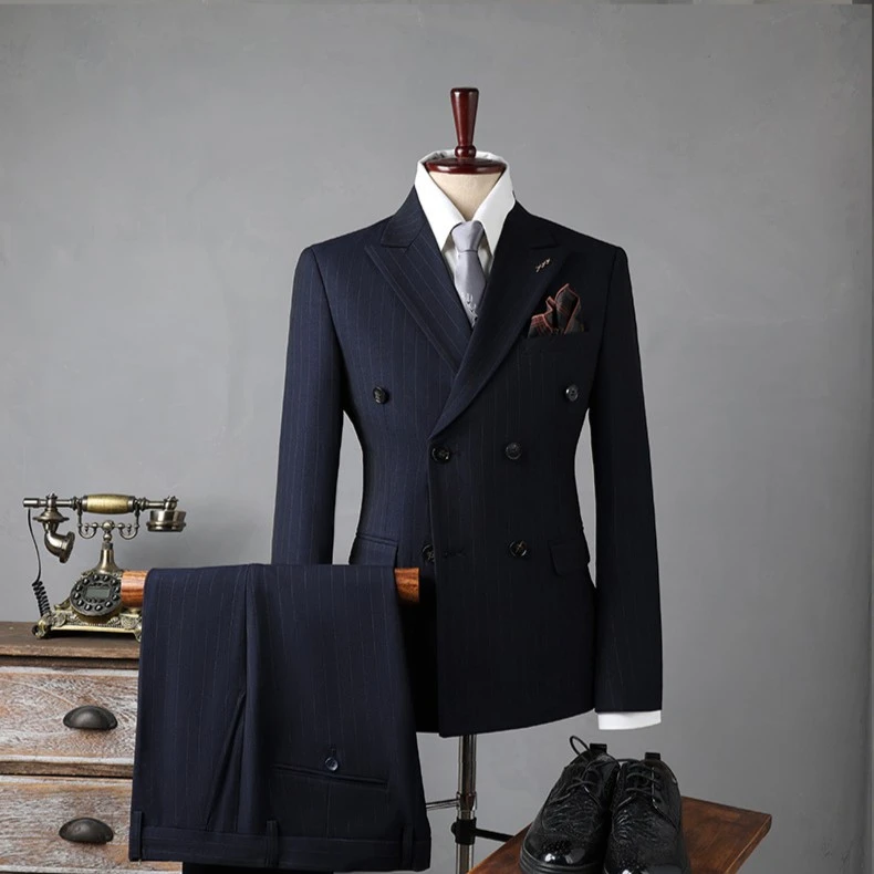 高端双排扣条纹西装男士新郎结婚礼服英伦风修身商务休闲西服套装