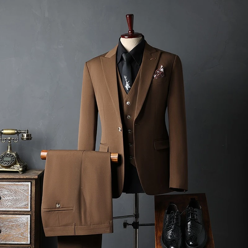 高端咖色西服套装男士一粒扣戗驳领西装三件套伴郎服新郎结婚礼服