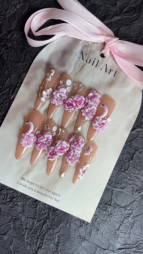 天鹅之梦手可改甲型雕花穿戴甲气质裸色纯手工纯欲冰透精致