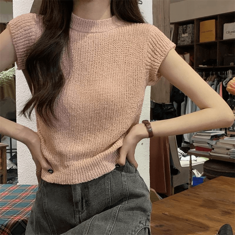 法式镂空冰丝针织衫短袖t恤女夏季设计感薄款小飞袖短款正肩上衣