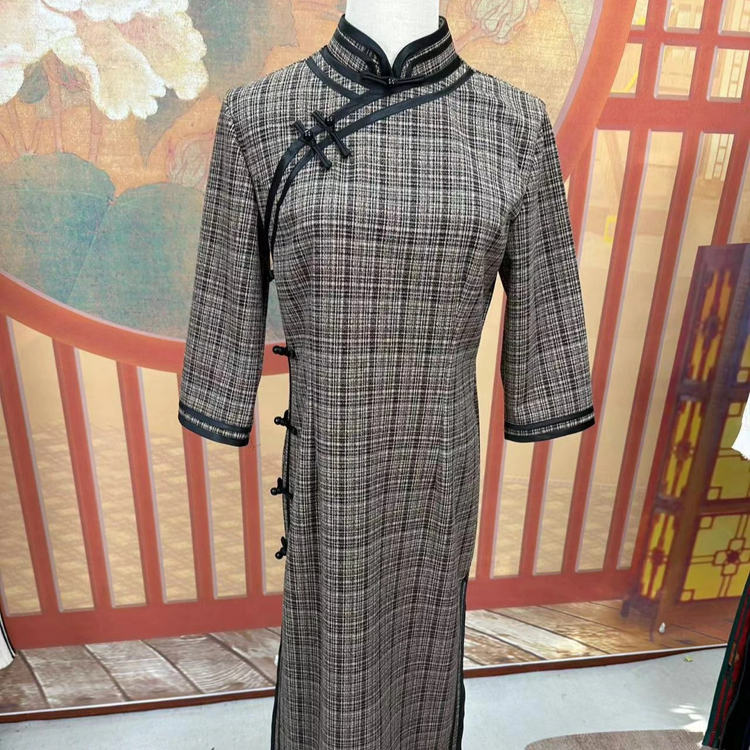 【咖色细条纹】中国风秋冬格子修身复古长款旗袍