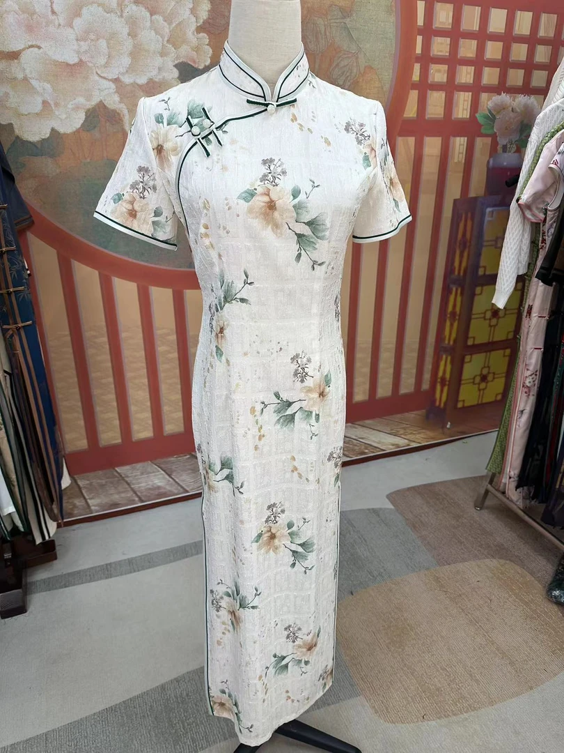 【绿边茉莉】2023年夏新款中国风修身复古时尚优雅大方长款旗袍