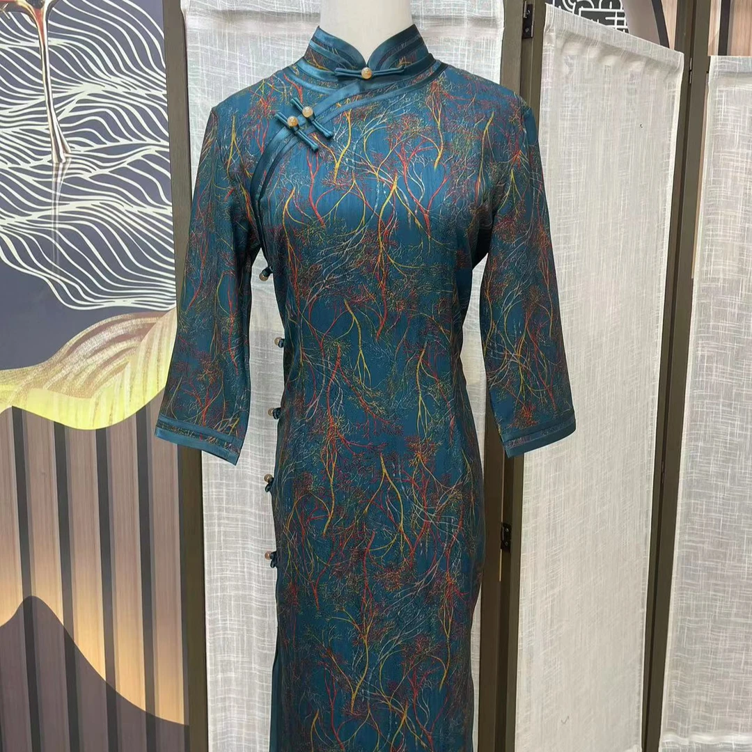 【彩枝】2024新款春季修身复古优雅大方长款长袖旗袍