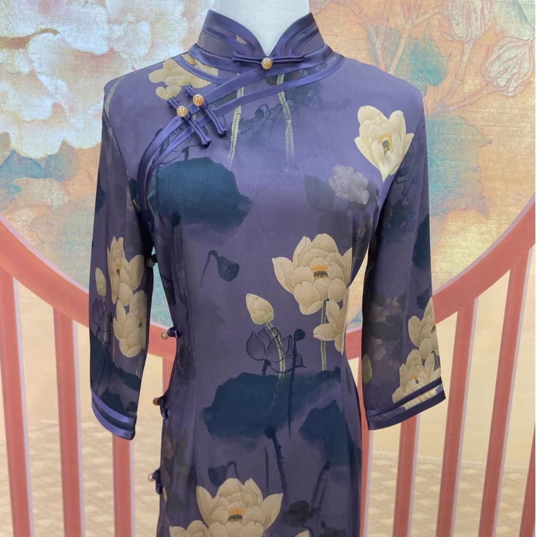 【紫莲花】2024夏季优雅修身短袖中长款旗袍