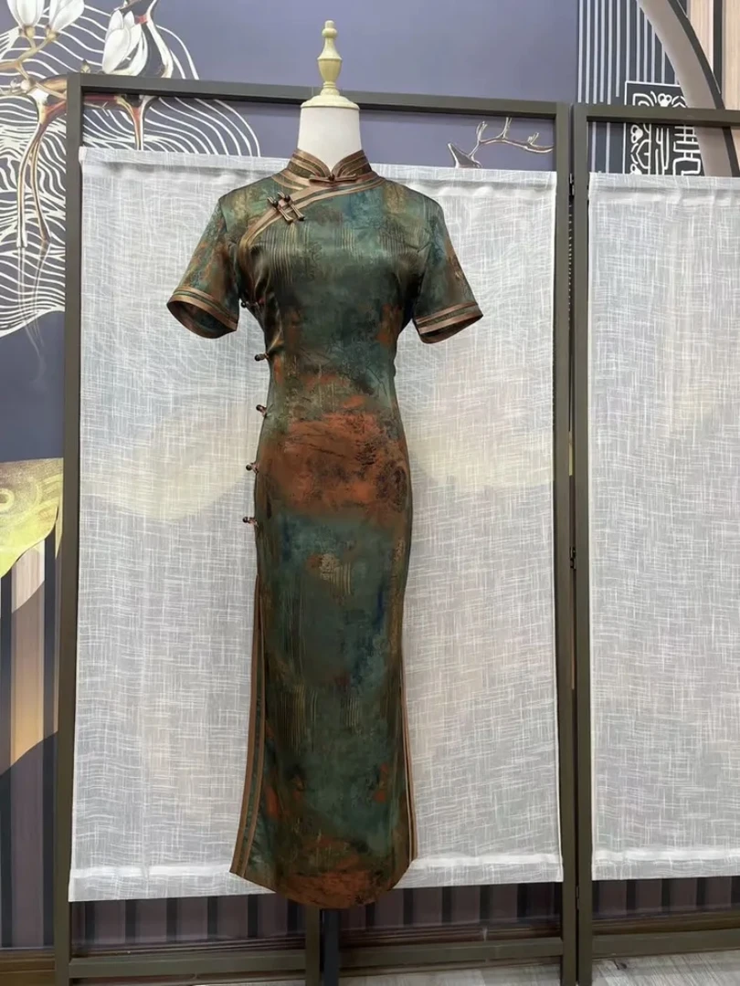 【朝颜浪潮】2024夏季新款中国风油画修身复古长款经典旗袍