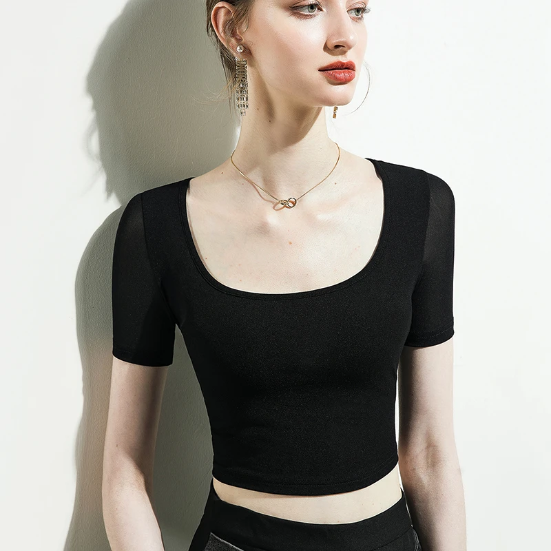 方领网纱短款打底衫女夏季新款黑色正肩短袖t恤薄款辣妹穿搭上衣