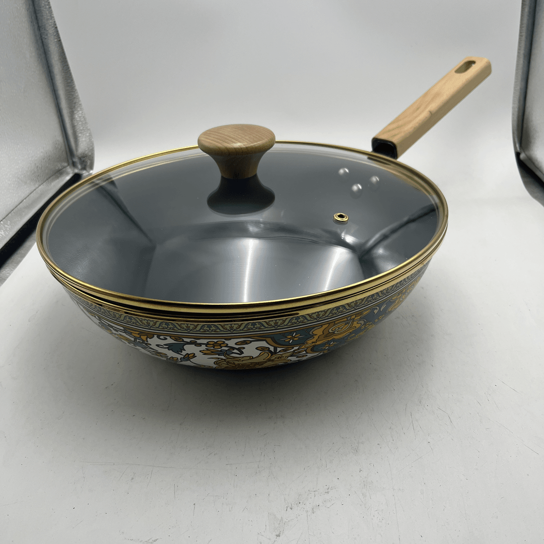 30.9cm俄罗斯搪瓷珐琅炒锅不粘锅木柄