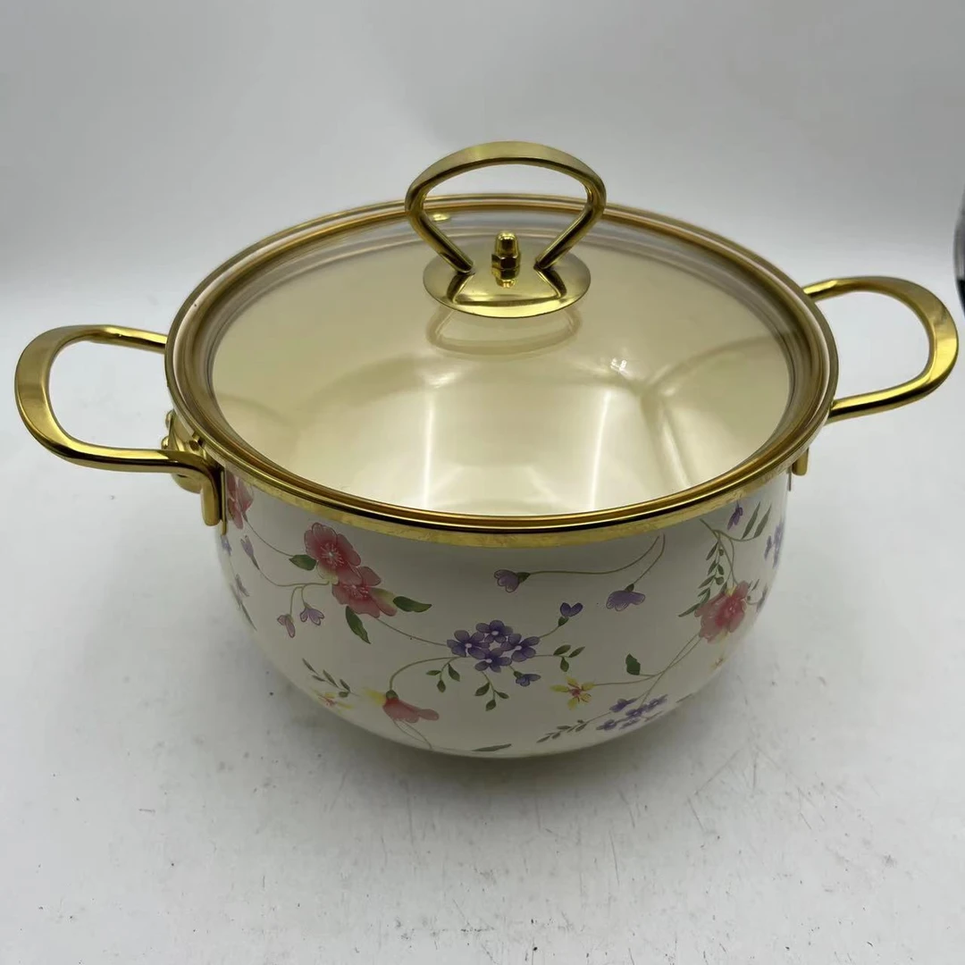 20cm【小碎花】珐琅搪瓷汤锅玻璃盖电磁炉明火通用