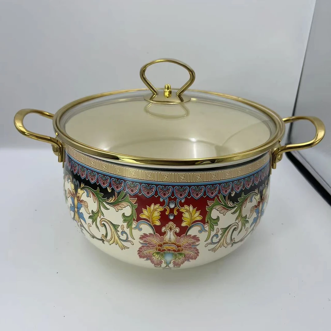 24cm珍品珐琅搪瓷汤锅玻璃盖电磁炉明火通用