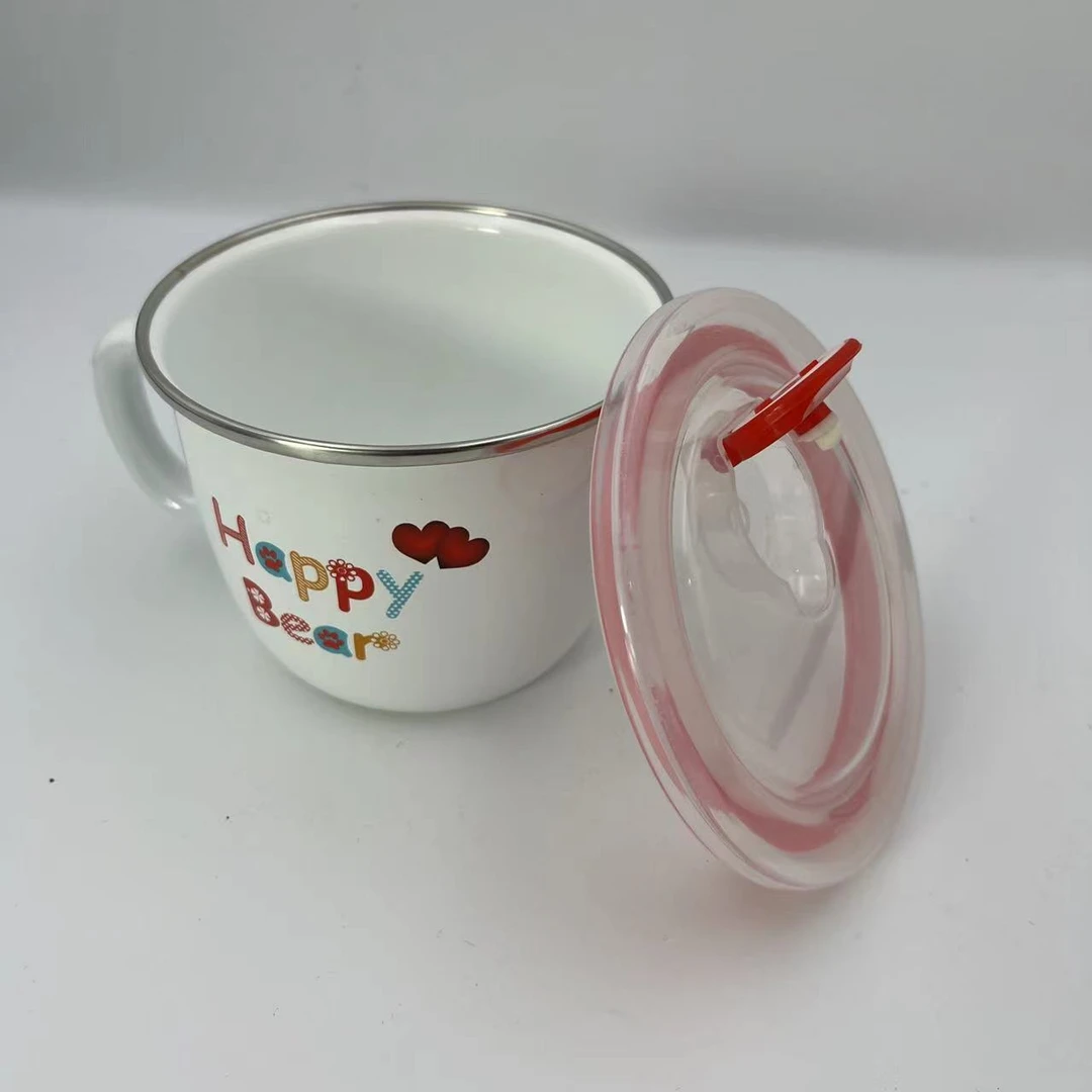12cm搪瓷杯小汤锅小熊带密封胶圈带时间餐具