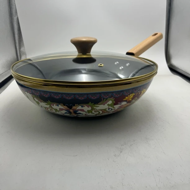 30.9cm珍品搪瓷珐琅炒锅不粘锅木柄