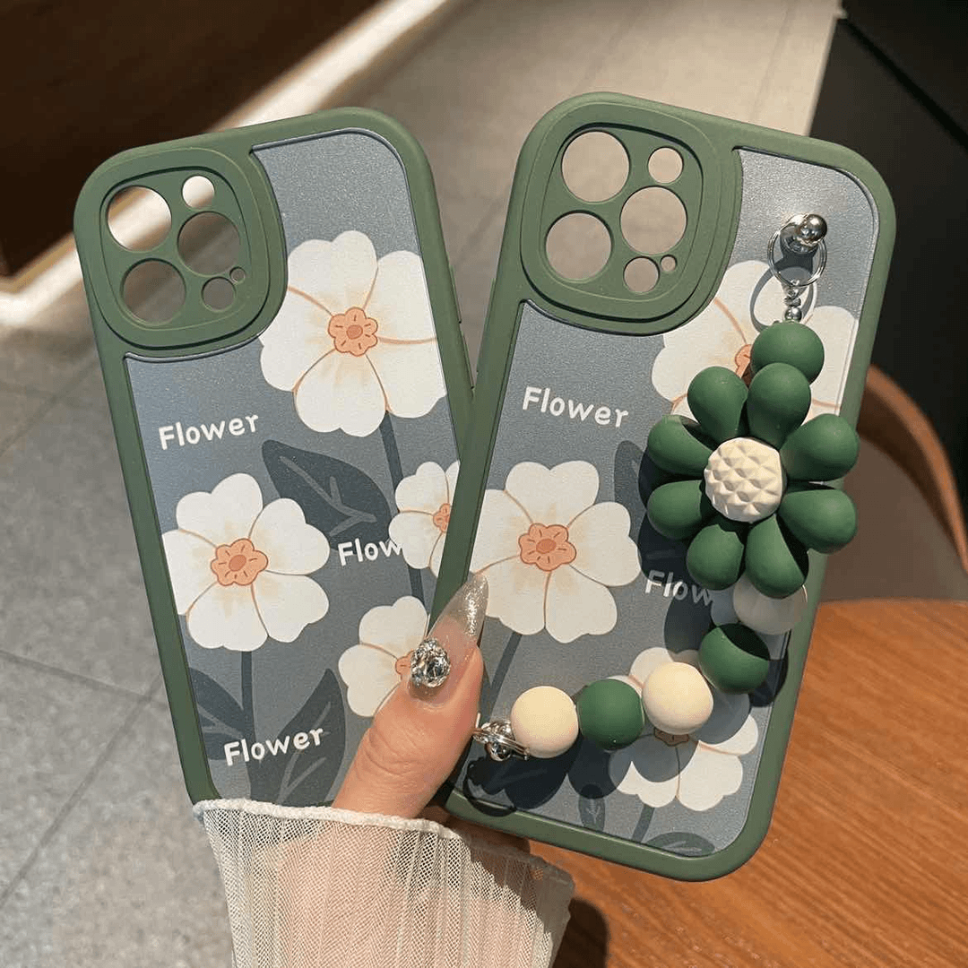 【苹果/华为/VIVO/荣耀/OPPO/小米】绿色白花圆墩液态硅胶手机壳
