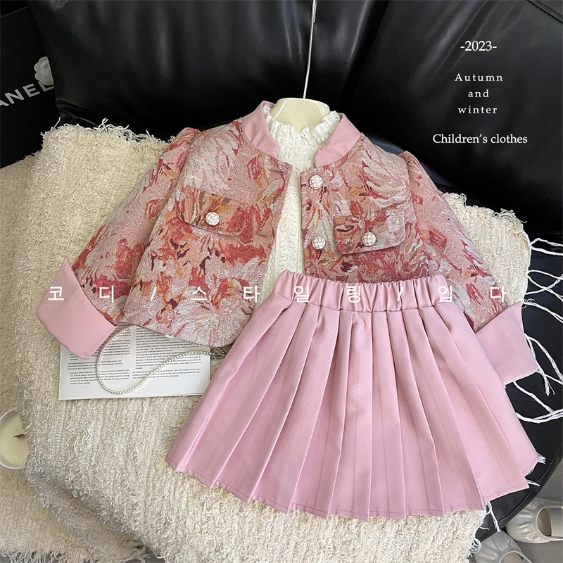 新款中小童韩版长袖套装女童复古国风刺绣外套百褶裙两件套潮儿童