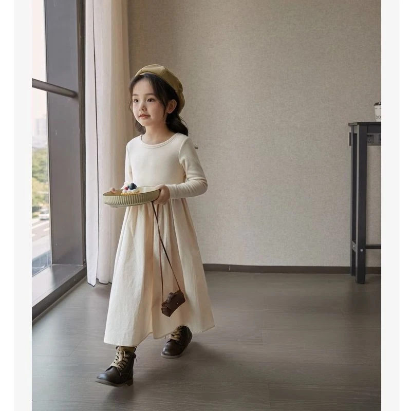 A36女童秋装洋气连衣裙长款复古春秋女宝宝儿童时髦拼接文艺慵懒