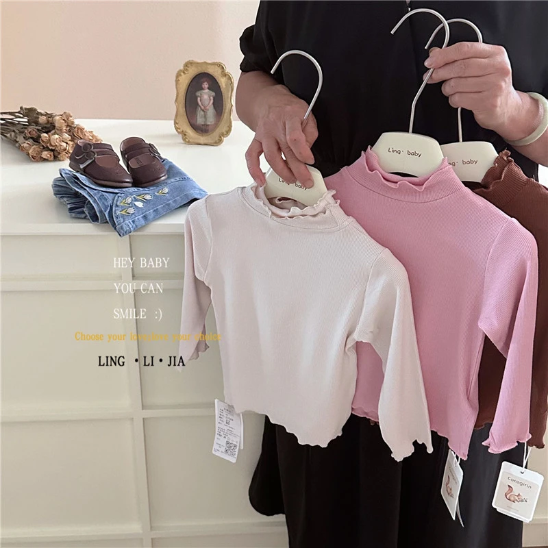 A816女宝宝木耳边长袖T恤秋装新款中小童时髦百搭打底T恤甜美上衣