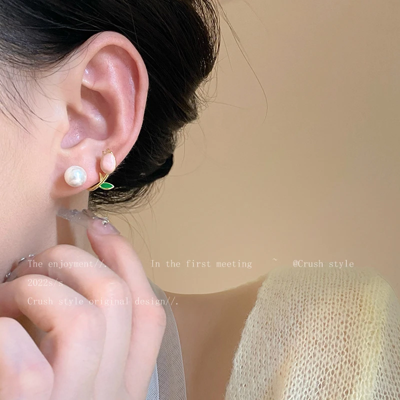 耳饰 狂飙陈书婷同款粉色郁金香花朵耳钉清新甜美耳环气质小巧