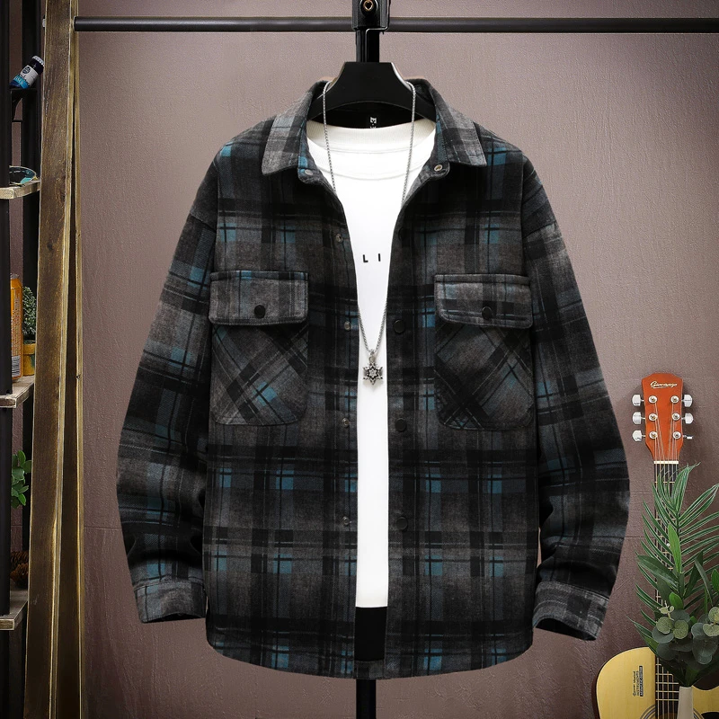 牛仔外套男士秋季新款宽松格子衬衫夹克青少年学生百搭男装上衣服